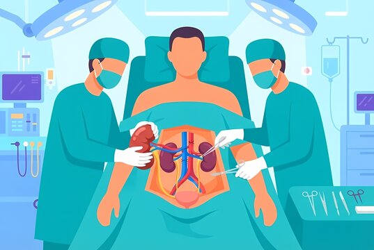Kidney transplant surgery infographic with renal anatomy, organ donor and recipient, operating room scene, and transplant benefits