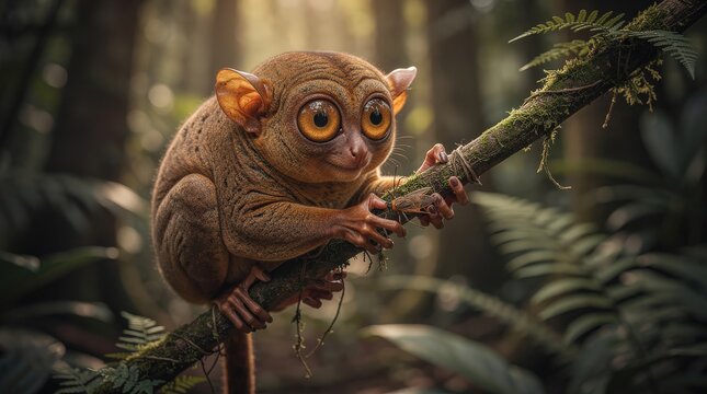 A small tarsier clings to a mossy branch in a dense, foggy forest with soft light filtering through the trees.