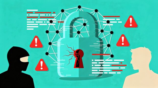 Illustration of cybersecurity breach showing a cracked padlock, warning signs, and two figures symbolizing a hacker and a user.