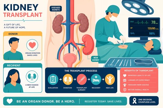 Kidney transplant infographic showing donor, recipient, surgical procedure, transplant process steps, and health benefits