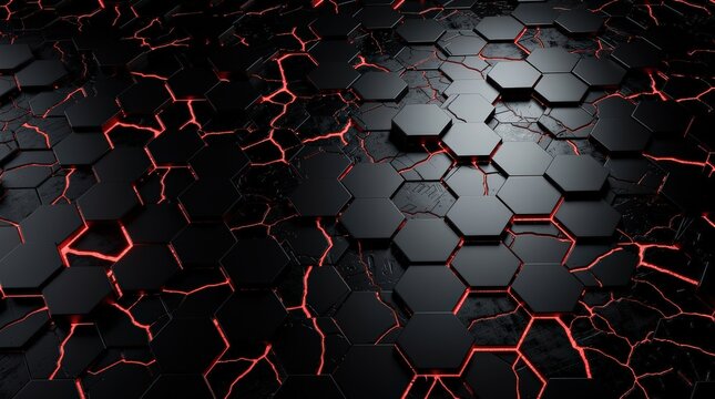 A futuristic black hexagonal tile surface with glowing red cracks, creating a high-tech, lava-like effect.