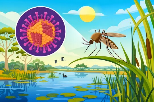 Murray Valley encephalitis virus illustration with mosquito on wetland reed, magnified flavivirus particle, and Australian landscape