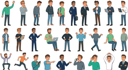 Men Character Actions Casual Outfits Corporate Business Emotional Expressions Vector SetMen Character Actions Casual Outfits Corporate Business Emotional Expressions Vector Set