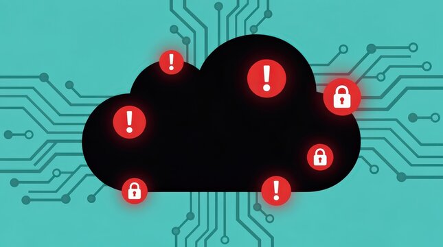 A digital cloud with red warning icons and locks illustrating cybersecurity threats and data protection concerns in cloud computing.