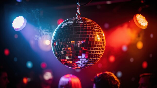 A disco ball hanging in a dark club, reflecting colorful lights with people dancing in the background.
