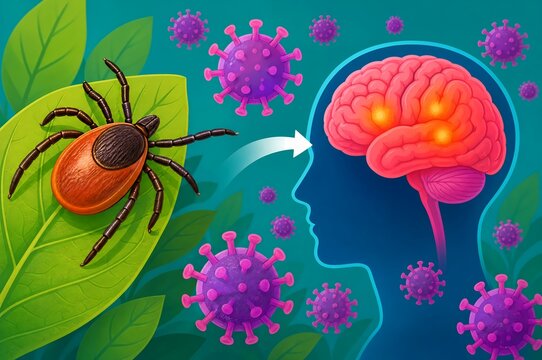 Tick-borne encephalitis virus illustration showing tick on leaf transmitting virus particles to inflamed human brain
