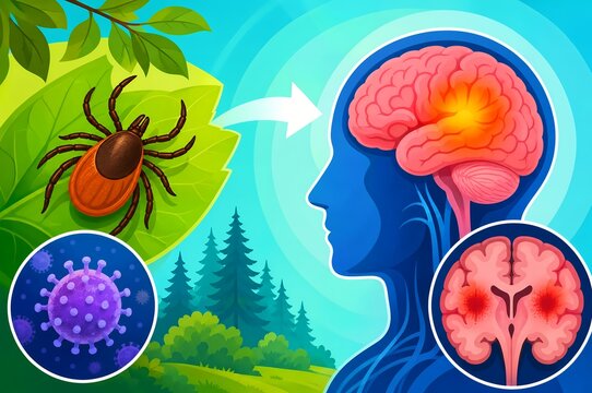 Tick-borne encephalitis illustration with tick on leaf, virus particle, inflamed brain, and brain cross-section in forest setting