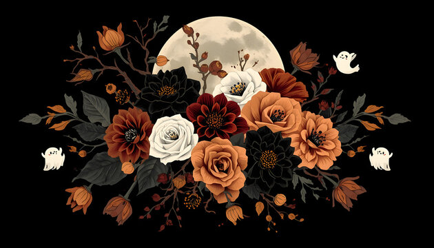 elegant halloween floral bouquet illustration with full moon cute ghosts dark orange roses and dark background vector artwork