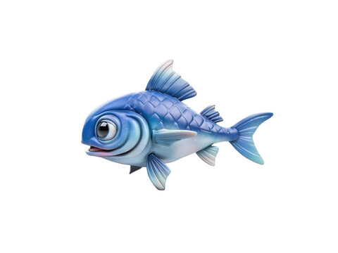 A cute stylized 3D blue fish character floating against a white background
