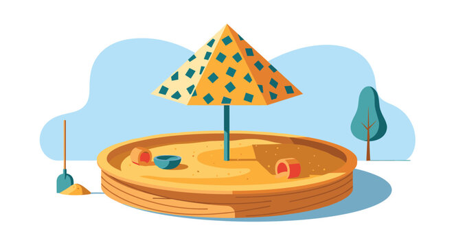 Kids playground wooden sandbox with clean yellow sand, colorful plastic toys, and protective sun umbrella on a summer day.