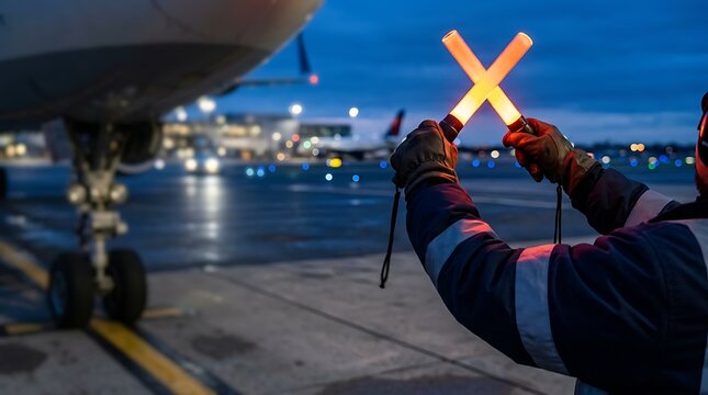 Airport marshaller guiding an airplane at dusk with illuminated batons