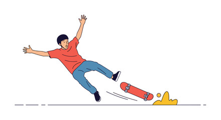 Fototapeta premium Dynamic illustration of a young man wearing a helmet losing his balance and falling off his red skateboard on the street.