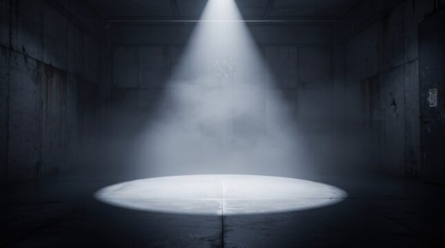 A beam of light shines down, illuminating a circular spot in a dark, empty industrial room with concrete walls and floor.