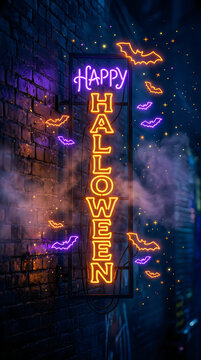 Neon happy halloween sign with flying bats on brick wall