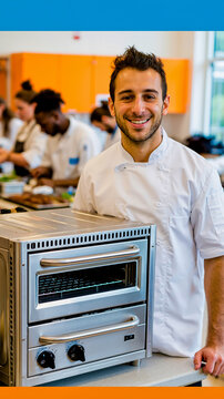 A smiling chef in a white uniform holding a stainless steel oven