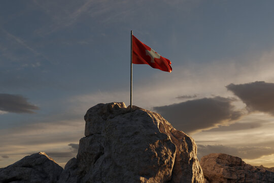 3D Rendering of a waving Swiss flag on rocky landscape to celebrate the national holiday of 1 august