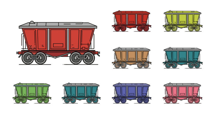 Set of industrial train hopper cars in various colors like red, green, blue, and yellow are shown in a side profile vector illustration.