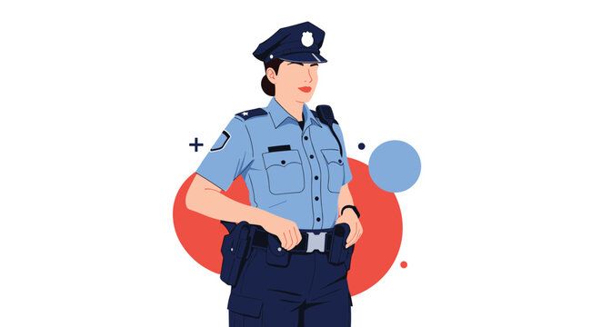 Confident female police officer in a blue uniform stands with her hands on her belt in a professional law enforcement officer illustration.
