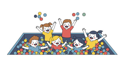 Fototapeta premium Group of diverse and happy children jumping and playing together in a large colorful ball pit at an indoor playground.