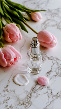 A bottle of perfume with a pink flower on top surrounded by pink flowers on a marble surface
