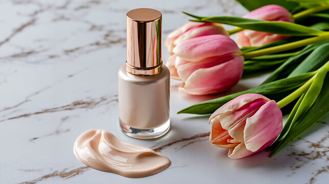 A bottle of nude nail polish with a gold cap a dollop of the polish and pink tulips on a marble surface