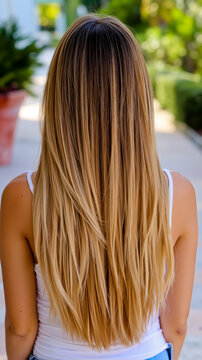 A close-up photograph of a woman with long wavy blonde hair wearing a white tank top and blue jeans with a blurred outdoor setting in the background