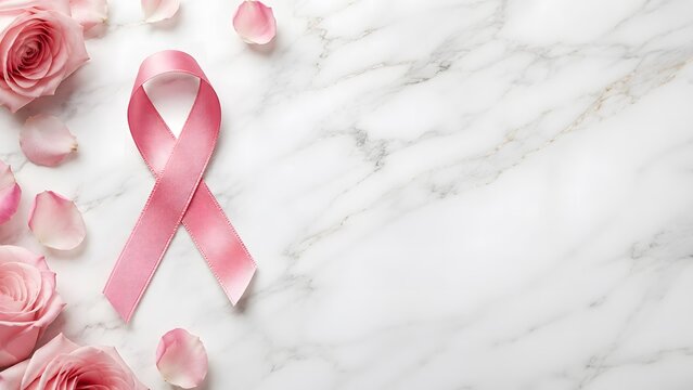 Pink ribbon for breast cancer awareness, satin ribbon on white marble background with roses, healthcare concept for women health month