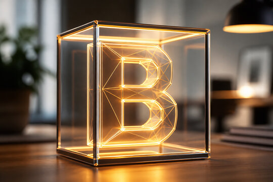 A glowing, wireframe letter B inside a clear acrylic cube sits on a wooden table in an indoor setting.