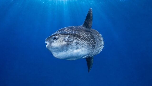 Ocean sunfish swimming through deep blue open water