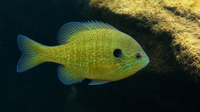 Green freshwater sunfish near a rocky underwater ledge