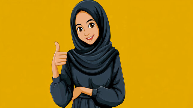 A cartoon illustration of a woman wearing a hijab smiling and giving a thumbs-up
