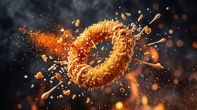 One onion rings crispy floating mid air 