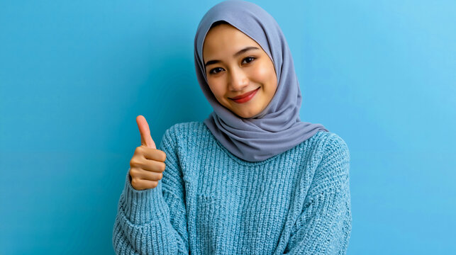 A young woman wearing a blue sweater and a hijab smiling and giving a thumbs-up