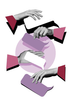 Vertical photo collage of hands tip choose finger text box mind discussion crowd people social media talk isolated on painted background