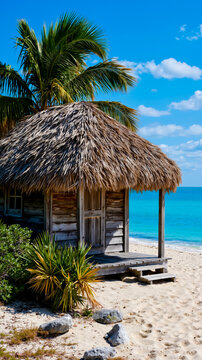 A thatched-roof hut with a wooden deck overlooking a clear blue ocean