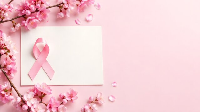 Pink ribbon on white card for breast cancer awareness, cherry blossom flowers on pastel background, medical health charity concept with copy space