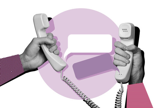 Composite photo collage of hands hold telephone receiver cell dialogue telecommunication distance talk isolated on painted background