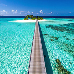 Obraz premium A long wooden jetty leads directly to a serene tropical island surrounded by clear turquoise ocean water. This aerial view evokes ultimate luxury and relaxation with nobody present.
