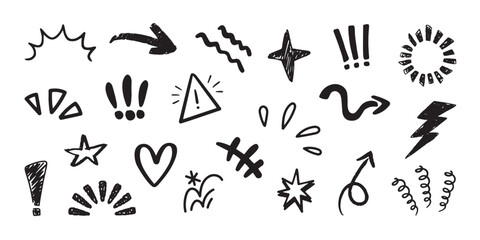 Fototapeta premium Crayon drawn attention symbols and doodle emphasis marks collection. Hand drawn doodle burst elements set, sketchy emphasis marks, comic explosion lines, scribble highlights and decorative accent