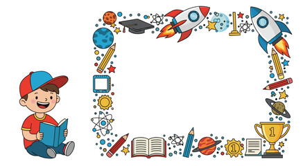 Fototapeta premium Young boy in a red shirt reads a book next to an empty frame decorated with space icons, rockets, planets, and stars.