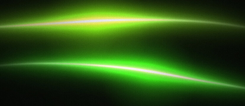 Abstract green glowing light waves with noise grain texture on dark background &mdash; wallpaper, backdrop and website header design