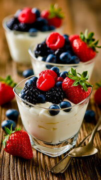 Three glass bowls filled with yogurt and topped with berries and strawberries on a wooden table
