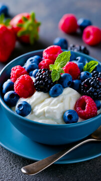 A blue bowl filled with yogurt and berries