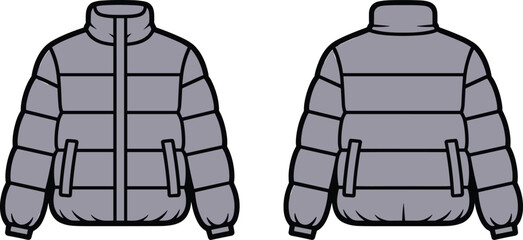Front and back view of a grey puffer jacket with a high collar for winter fashion design © LOKMAN