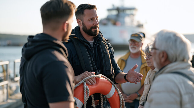 Coast guard officer at a busy ferry terminal explaining life ring procedure to an elderly tourist group, younger crew member demonstrating throw technique, intergenerational