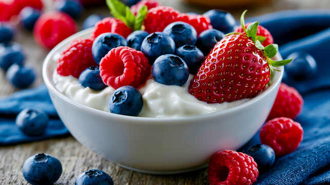 A bowl of yogurt with blueberries and raspberries