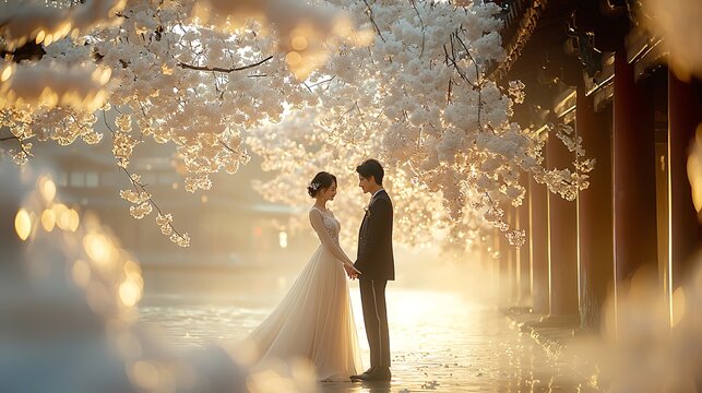 Couple in Love, Holding Hands, Under Cherry Blossoms in Temple