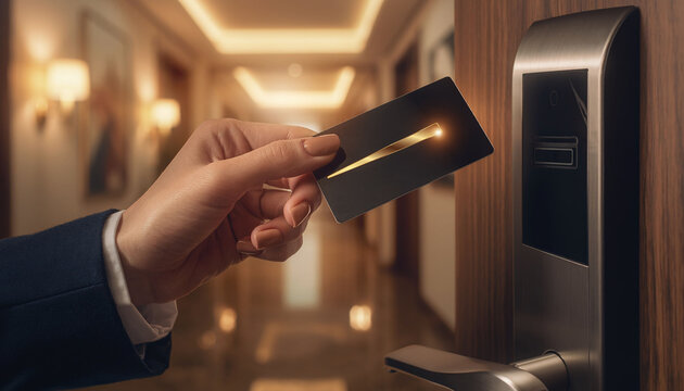 A hand uses a modern electronic keycard to unlock a luxury hotel room door, evoking a warm, secure feeling of safety, privacy, and exclusivity during premium business travel.
