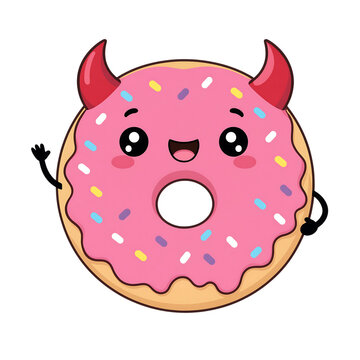 Cute devil donut with pink frosting and sprinkles waving hello isolated on transparent background