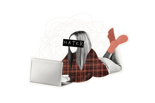 Composite photo collage of girl without face anonym hater cyberbully offender online macbook comment type isolated on painted background